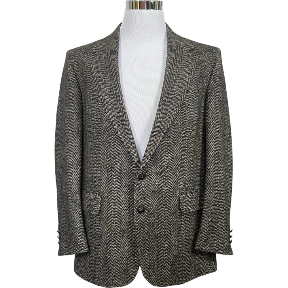Charing Cross 44L Brown Grey Atomic Fleck Tweed‎ Herringbone 2Btn Blazer Jacket